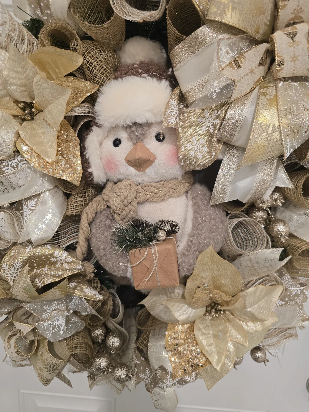 winter Penguin Holiday Wreath Christmas Gold and Cream Holiday Wreath with
